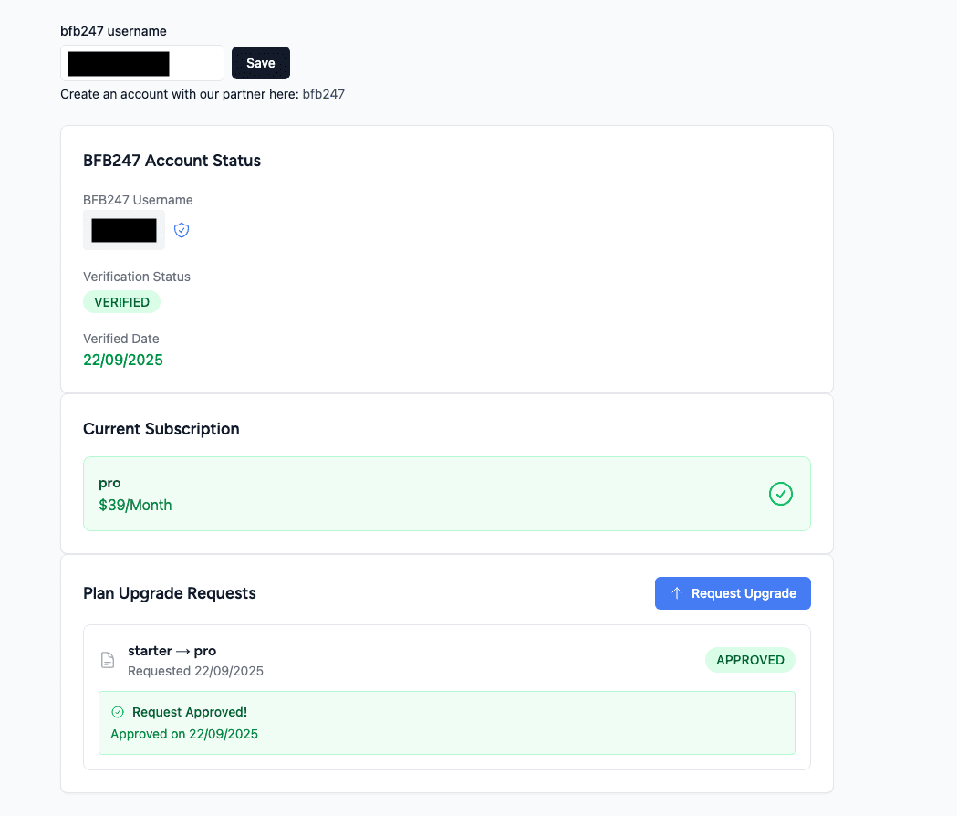 Integración de la cuenta BFB247 con Sharkbetting mostrando cómo desbloquear el acceso gratuito mediante la actividad en Orbit Exchange